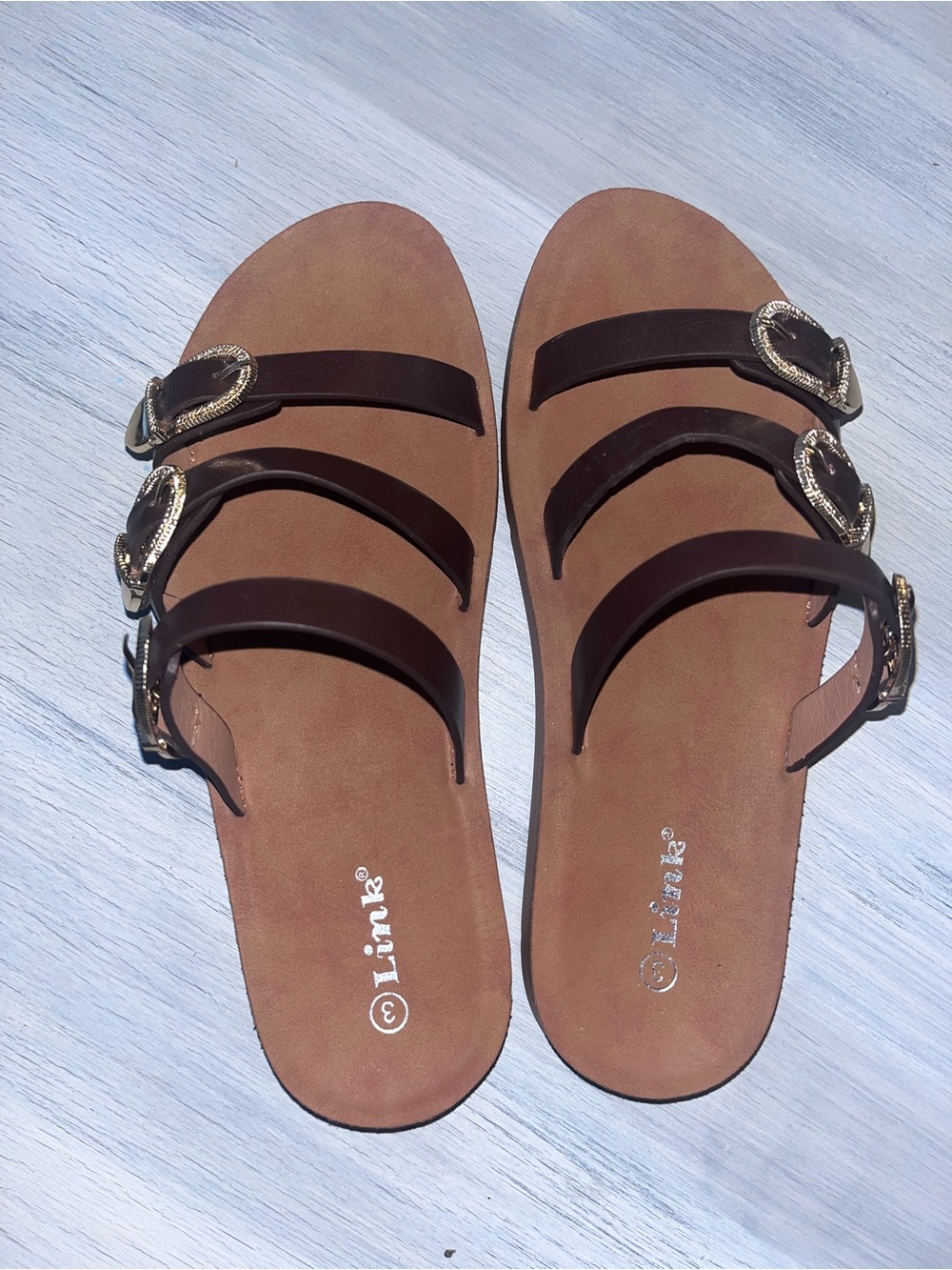 Link Brown Girls' Strappy Sandals with Gold Buckles